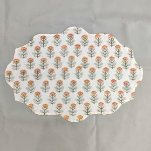 Table Linens | Orange Block Printed Floral Scalloped Oval Cotton Placemats Kitchen Table Linens