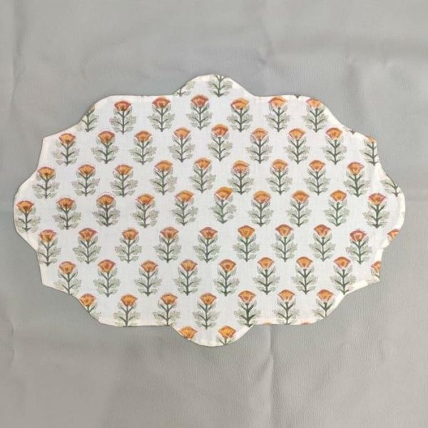 Table Linens | Orange Block Printed Floral Scalloped Oval Cotton Placemats Kitchen Table Linens