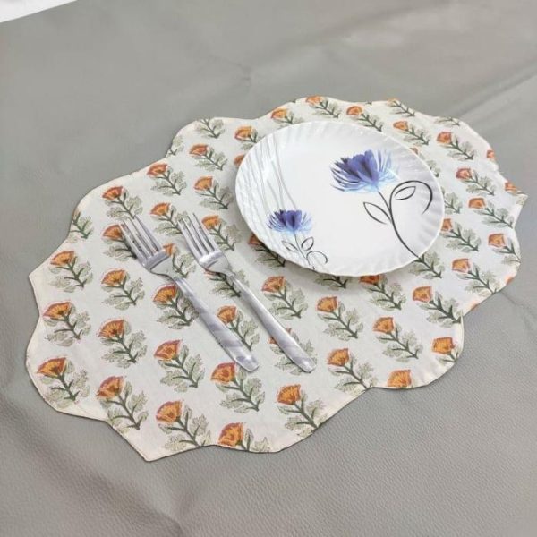 Table Linens | Orange Block Printed Floral Scalloped Oval Cotton Placemats Kitchen Table Linens