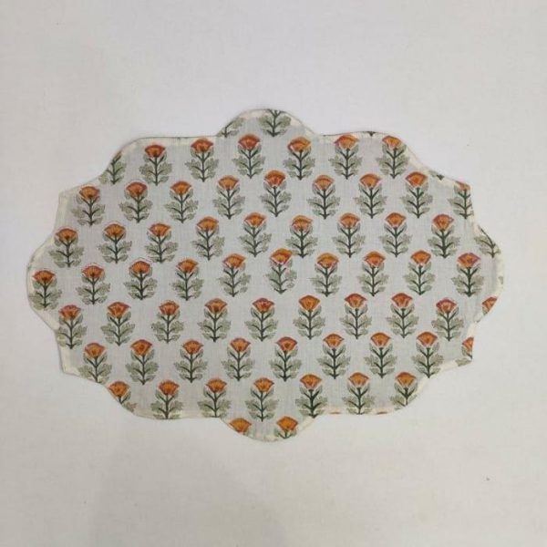 Table Linens | Orange Block Printed Floral Scalloped Oval Cotton Placemats Kitchen Table Linens