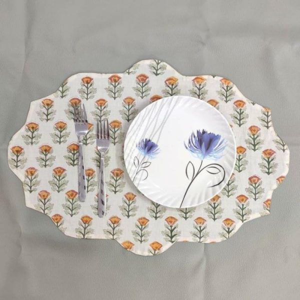 Table Linens | Orange Block Printed Floral Scalloped Oval Cotton Placemats Kitchen Table Linens