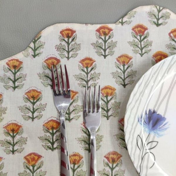 Table Linens | Orange Block Printed Floral Scalloped Oval Cotton Placemats Kitchen Table Linens