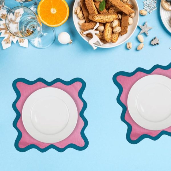 Table Linens | Pink And Blue Scallop 100% Linen Square Placemat, 4 pcs Kitchen Table Linens