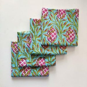 Table Linens | Pink And Green Floral Hand Block Printed Cotton Napkins Kitchen Table Linens