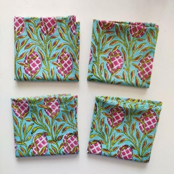 Table Linens | Pink And Green Floral Hand Block Printed Cotton Napkins Kitchen Table Linens