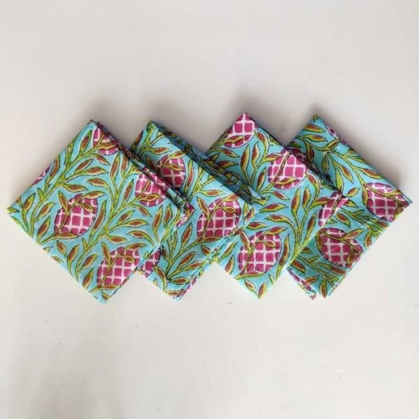 Table Linens | Pink And Green Floral Hand Block Printed Cotton Napkins Kitchen Table Linens