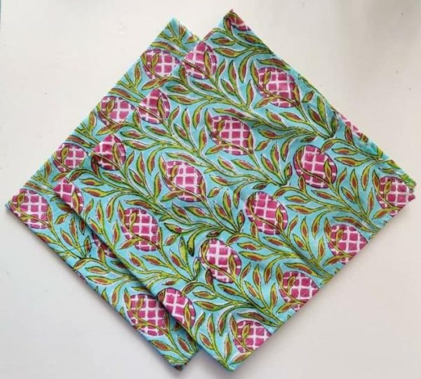 Table Linens | Pink And Green Floral Hand Block Printed Cotton Napkins Kitchen Table Linens