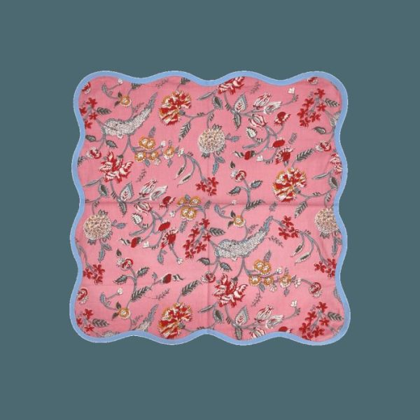 Table Linens | Pink Floral Block Printed Scalloped Cotton Napkins Kitchen Table Linens