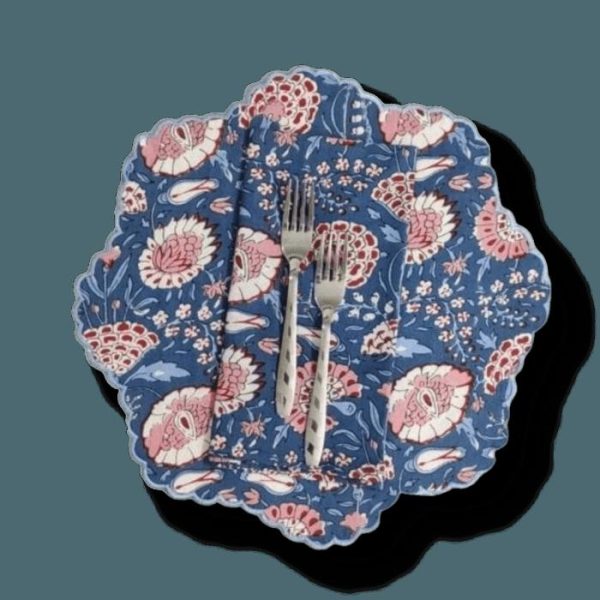 Table Linens | Pond Of Flowers Block Printed Cotton Placemats And Napkins Kitchen Table Linens