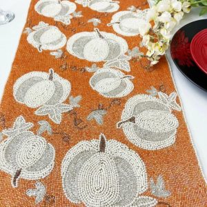 Table Linens | Pumpkins Orange Beaded Table Runner Kitchen Table Linens