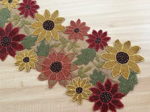 Table Linens | Red And Gold Floral Spring Beaded Table Runner Kitchen Table Linens