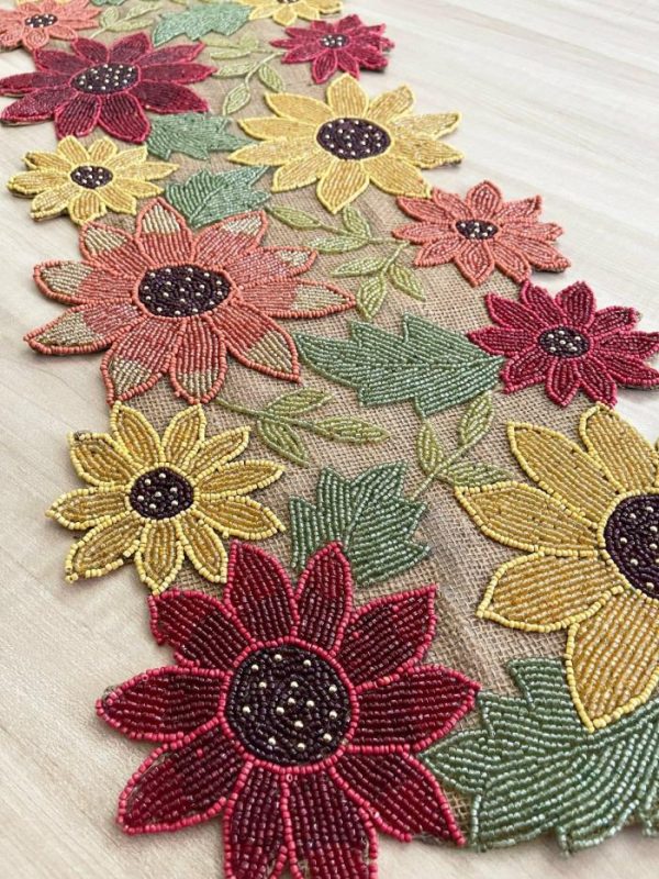 Table Linens | Red And Gold Floral Spring Beaded Table Runner Kitchen Table Linens