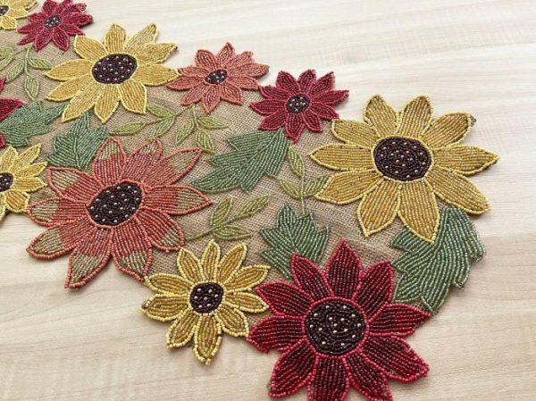 Table Linens | Red And Gold Floral Spring Beaded Table Runner Kitchen Table Linens