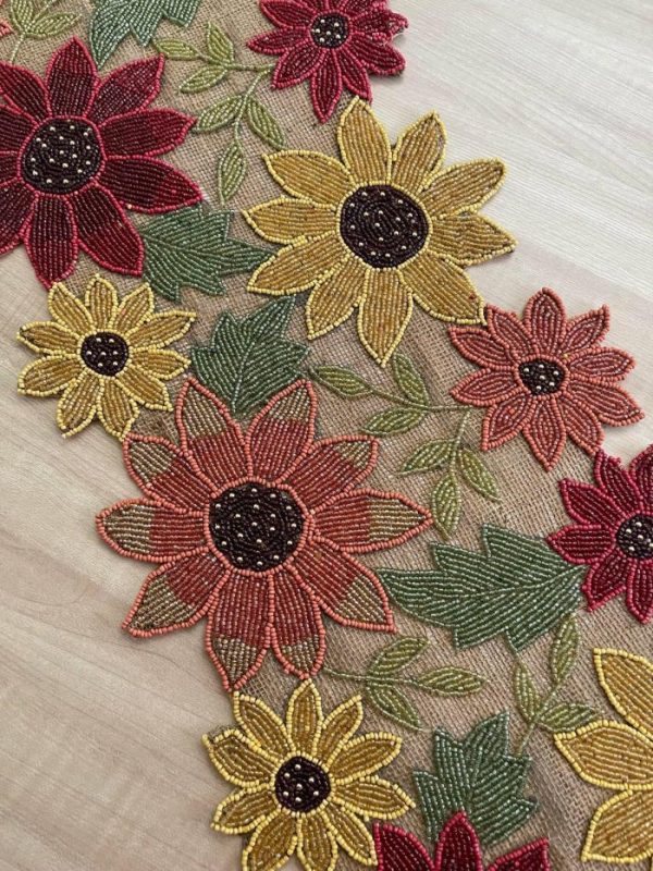 Table Linens | Red And Gold Floral Spring Beaded Table Runner Kitchen Table Linens