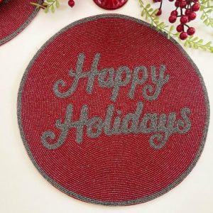 Table Linens | Red Christmas Happy Holiday Round Beaded Placemats – Set Of 6 Kitchen Table Linens