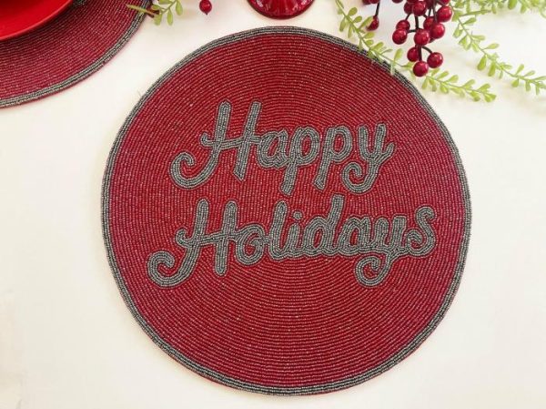 Table Linens | Red Christmas Happy Holiday Round Beaded Placemats – Set Of 6 Kitchen Table Linens