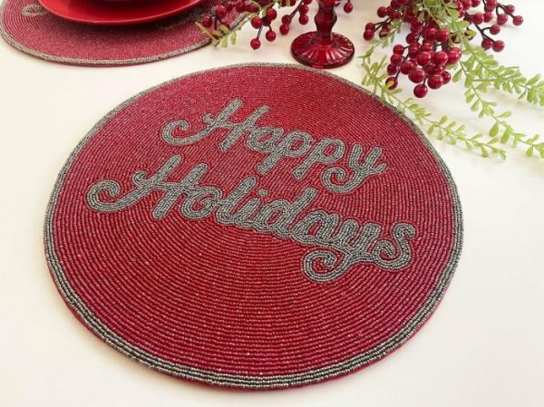 Table Linens | Red Christmas Happy Holiday Round Beaded Placemats – Set Of 6 Kitchen Table Linens