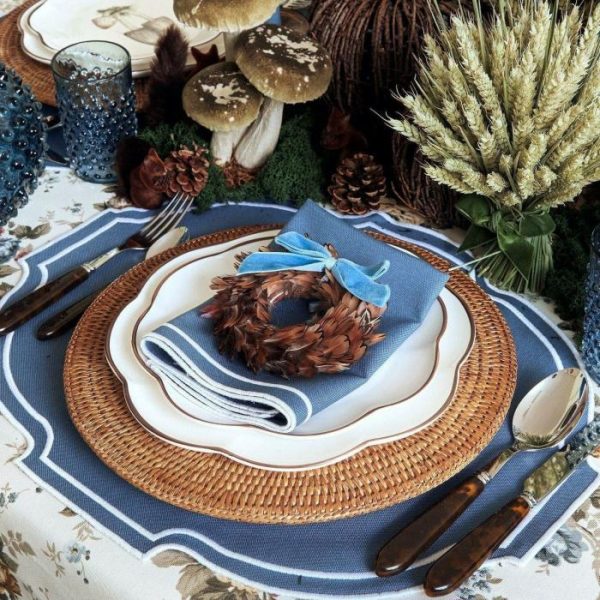 Table Linens | Royal Blue Embroidered Dining Placemats And Napkins Set, 12 People Set Kitchen Table Linens