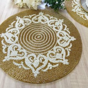 Table Linens | Royal Gold And White Beaded Placemat Kitchen Table Linens