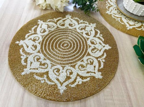 Table Linens | Royal Gold And White Beaded Placemat Kitchen Table Linens