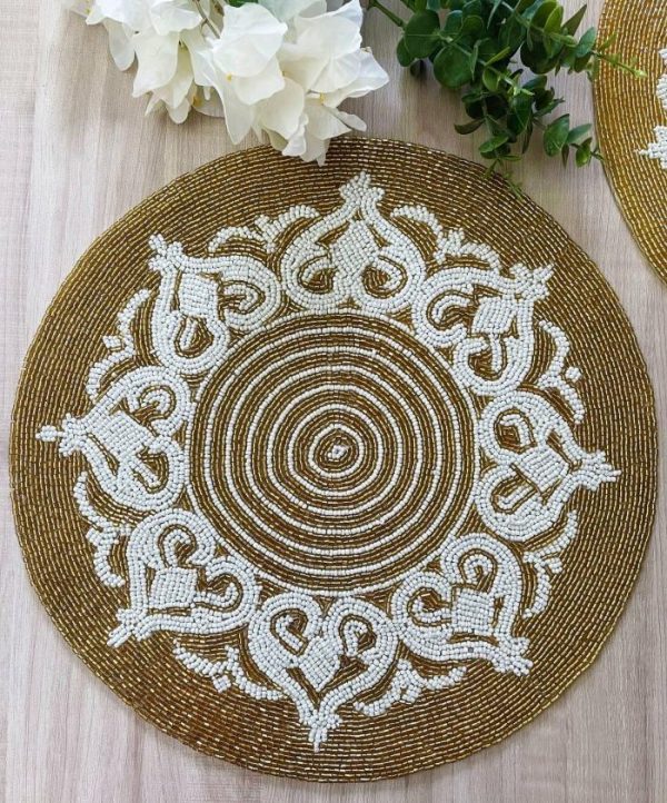 Table Linens | Royal Gold And White Beaded Placemat Kitchen Table Linens