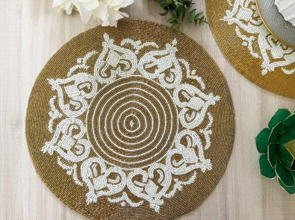 Table Linens | Royal Gold And White Beaded Placemat Kitchen Table Linens