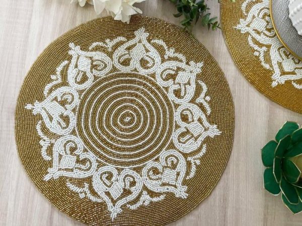 Table Linens | Royal Gold And White Beaded Placemat Kitchen Table Linens