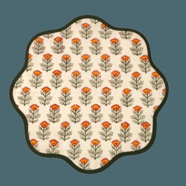 Table Linens | Sage Green Block Printed Flower Scalloped Placemats, 15.5×15.5 inches Kitchen Table Linens