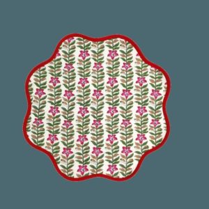 Table Linens | Scalloped Green And Red Floral Cotton Placemats, 15.5×15.5 inches Kitchen Table Linens