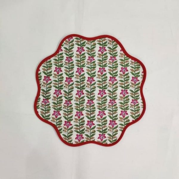 Table Linens | Scalloped Green And Red Floral Cotton Placemats, 15.5×15.5 inches Kitchen Table Linens