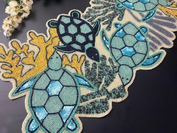 Table Linens | Sea Turtle And Coral Coastal Beaded Table Runner Kitchen Table Linens