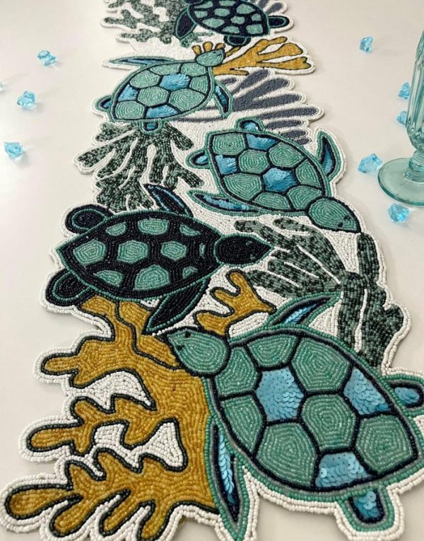 Table Linens | Sea Turtle And Coral Coastal Beaded Table Runner Kitchen Table Linens