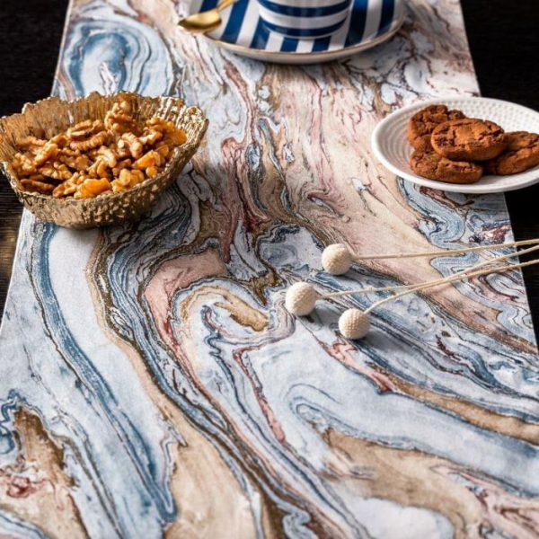 Table Linens | Serein Decor Marble Print Table Runner – Blue Kitchen Table Linens