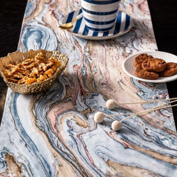 Table Linens | Serein Decor Marble Print Table Runner – Blue Kitchen Table Linens