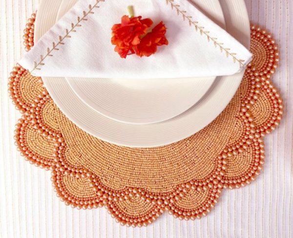 Table Linens | Set Of 2 Large Pearl Flower Round Beaded Placemat – Orange Kitchen Table Linens