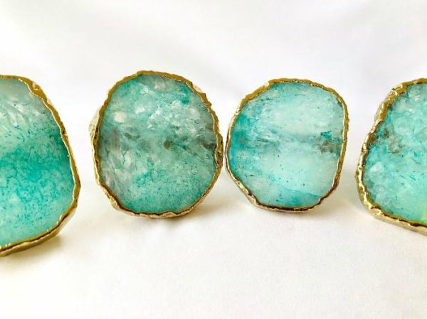 Table Linens | Set Of 4 Hand Rounded Aqua Agate Napkin Rings Kitchen Table Linens