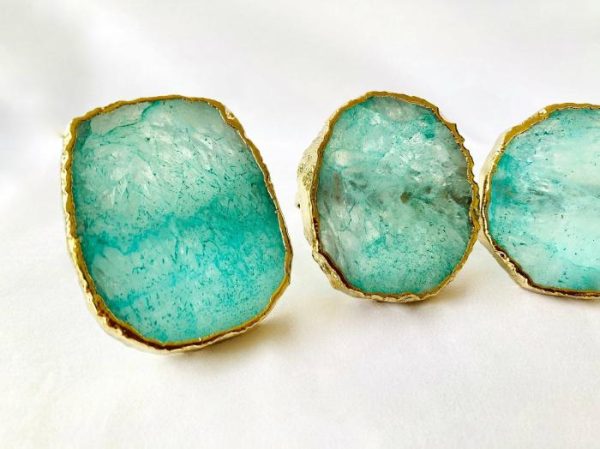 Table Linens | Set Of 4 Hand Rounded Aqua Agate Napkin Rings Kitchen Table Linens