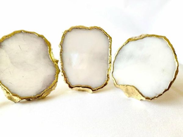 Table Linens | Set Of 4 Hand Rounded White Agate Napkin Rings Kitchen Table Linens