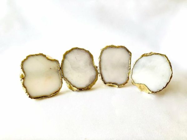 Table Linens | Set Of 4 Hand Rounded White Agate Napkin Rings Kitchen Table Linens