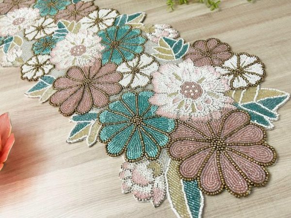 Table Linens | Spring Floral Garden Beaded Table Runner Kitchen Table Linens