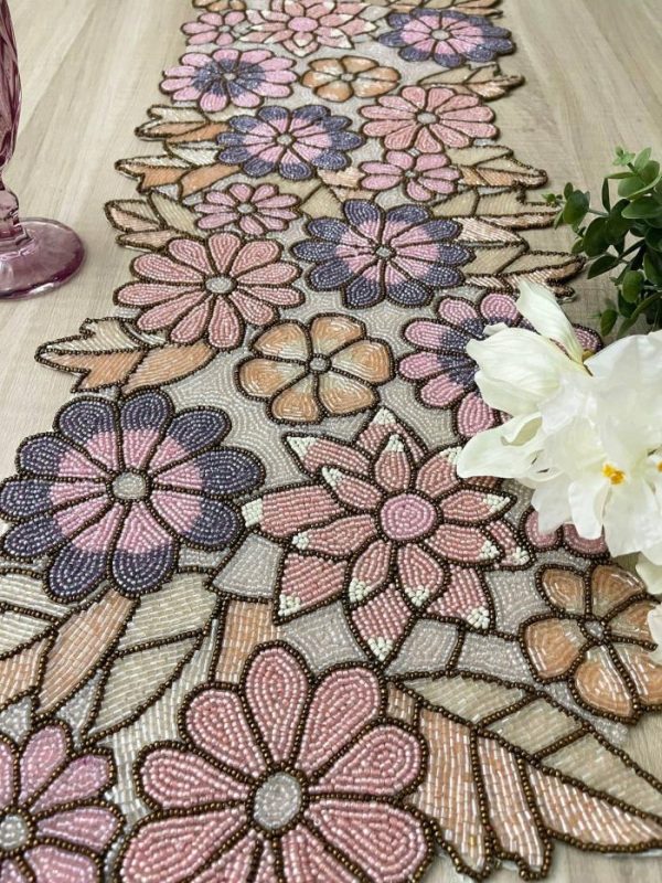 Table Linens | Spring Floral Garden Beaded Table Runner – Pink Kitchen Table Linens