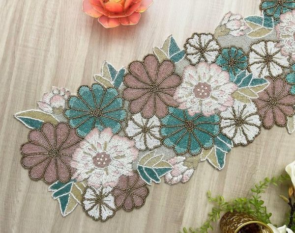 Table Linens | Spring Floral Garden Beaded Table Runner Kitchen Table Linens