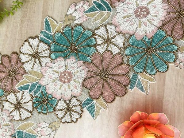 Table Linens | Spring Floral Garden Beaded Table Runner Kitchen Table Linens