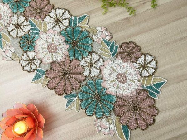 Table Linens | Spring Floral Garden Beaded Table Runner Kitchen Table Linens