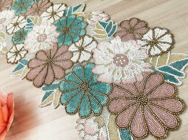 Table Linens | Spring Floral Garden Beaded Table Runner Kitchen Table Linens