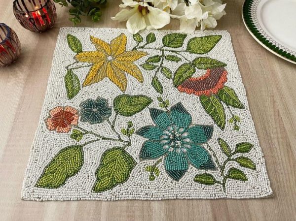 Table Linens | Spring Flower Square Beaded Placemat Kitchen Table Linens