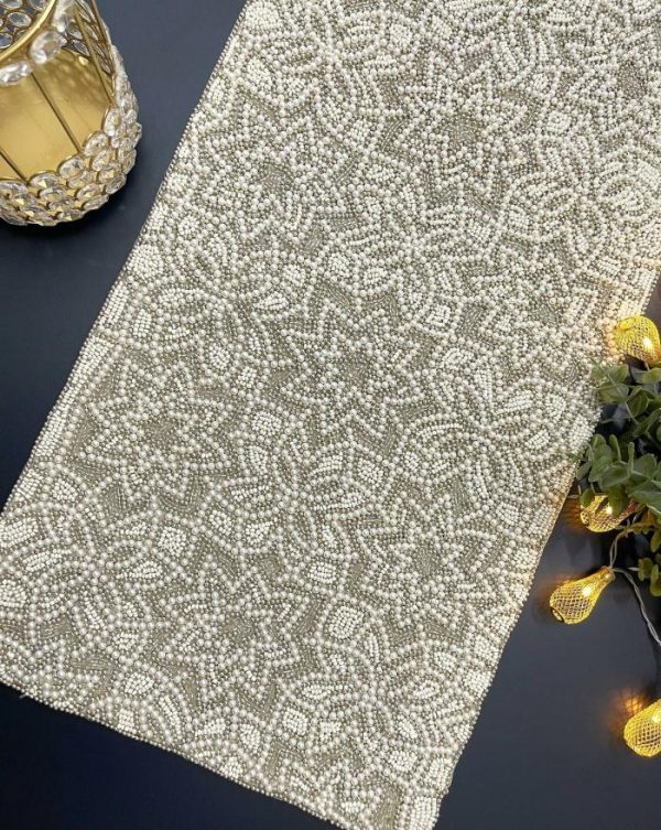 Table Linens | Stardom Rectangular Beaded Table Runner – Silver Kitchen Table Linens