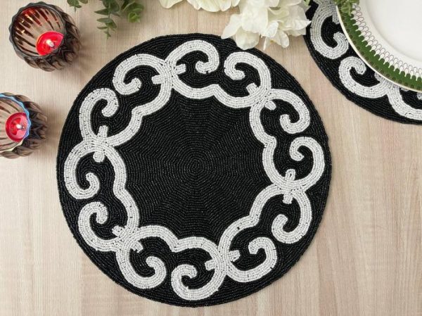 Table Linens | Tianna Black And White Beaded Round Placemat Kitchen Table Linens