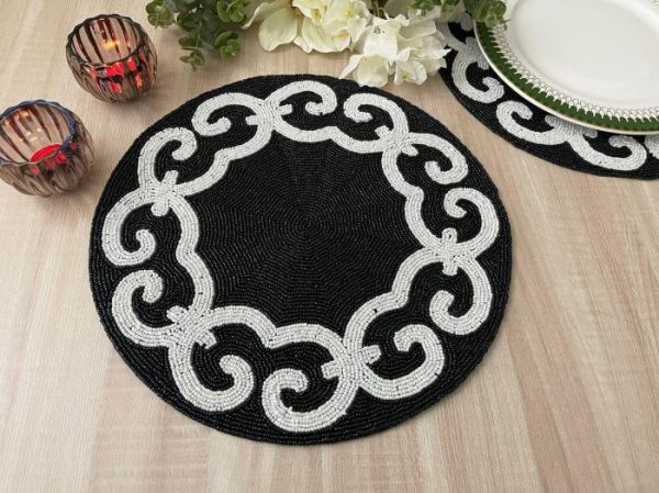 Table Linens | Tianna Black And White Beaded Round Placemat Kitchen Table Linens