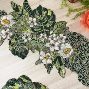 Table Linens | Tropical Leaf And Flower Beaded Table Runner, Runner, 13×36 inches Kitchen Table Linens